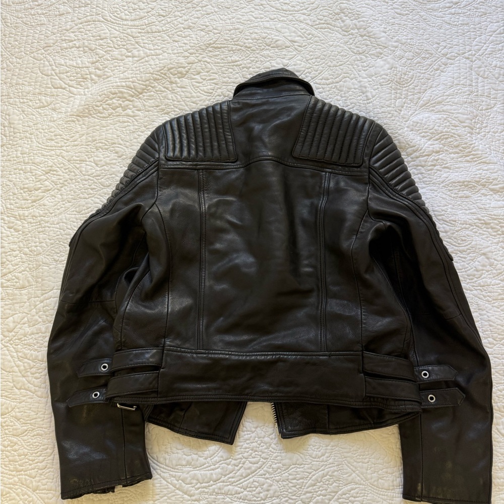 All Saints Black Leather Moto Jacket with Quilted Details - Picture 7 of 9